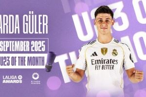 2球2助攻！官方：皇马中场居勒尔当选西甲9月份最佳U23球员